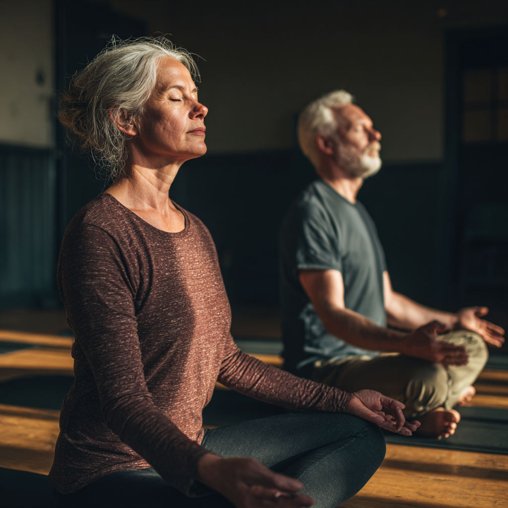 Mature adults practicing gentle yoga movements in peaceful indoor setting