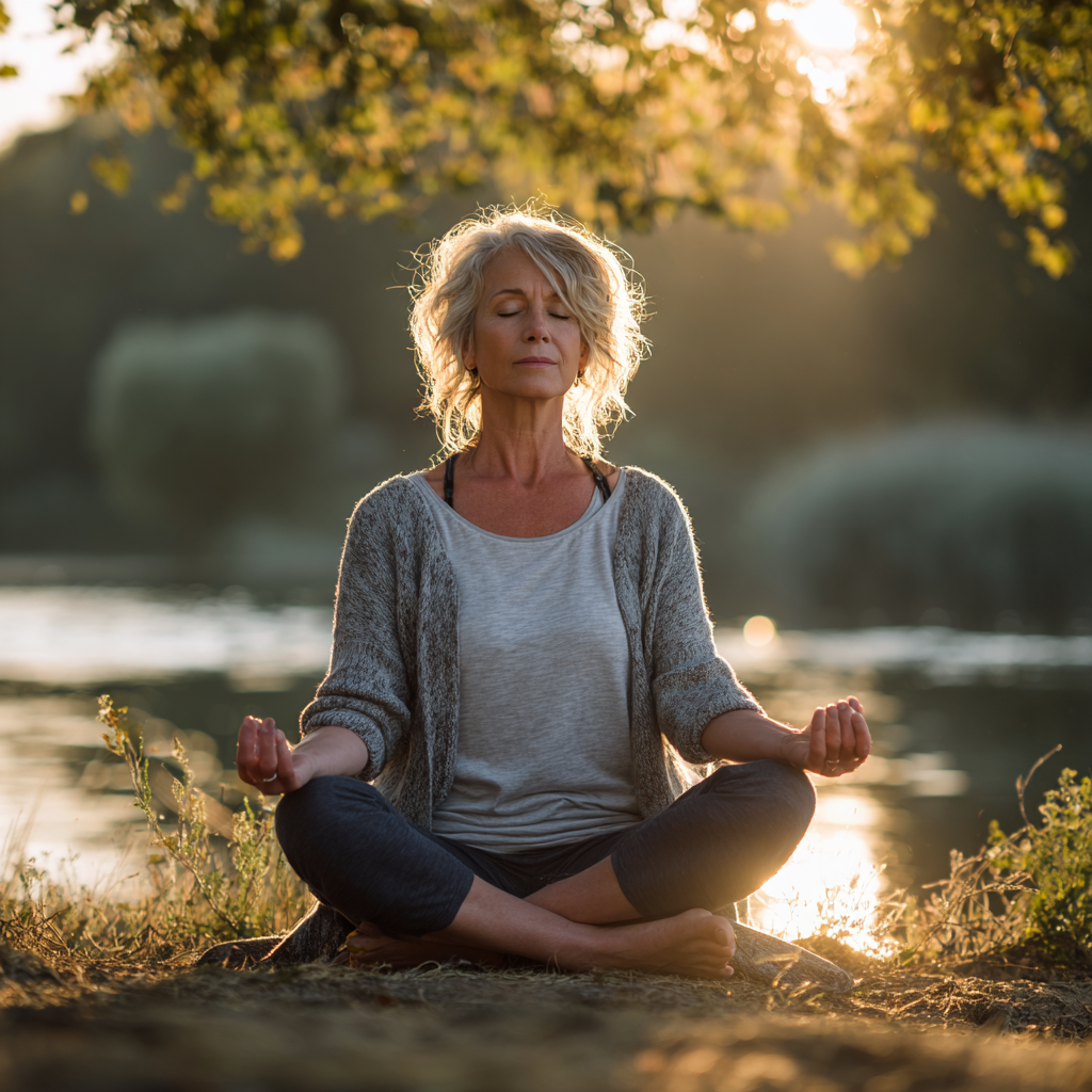 Middle-aged woman practicing mindful yoga poses in natural environment